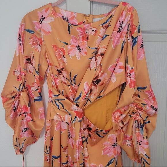 Significant Other Floral Orange and Pink  Puff Sleeve Cut Out Maxi Dress - Picture 2 of 10